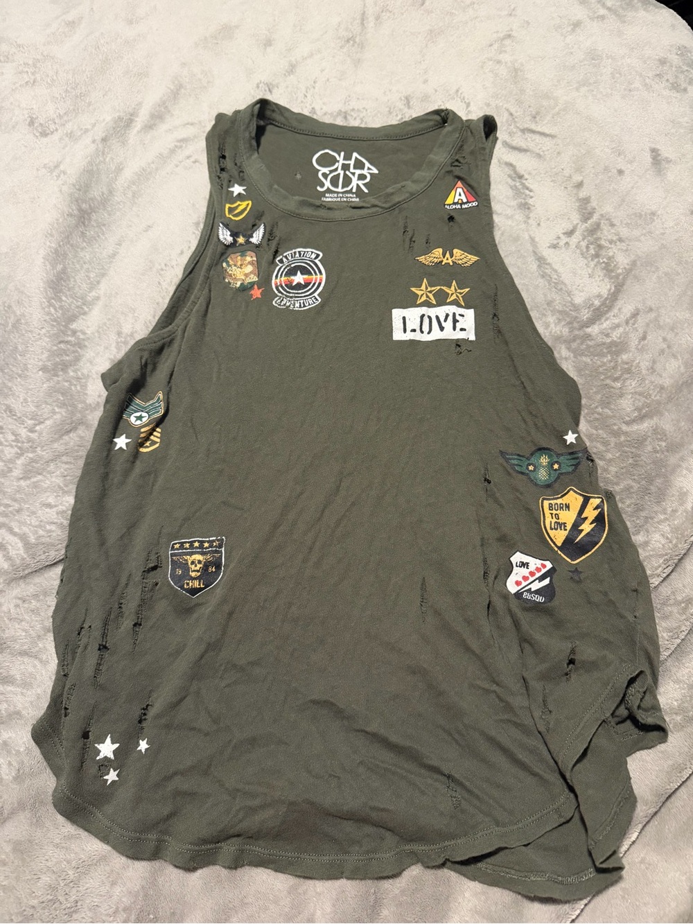 Source Unknown Olive Green Patchwork Graphic Tank Top